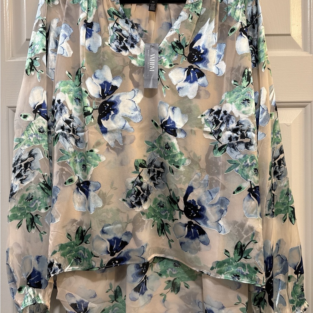 White House Black Market Floral Top with Black and Green Hues